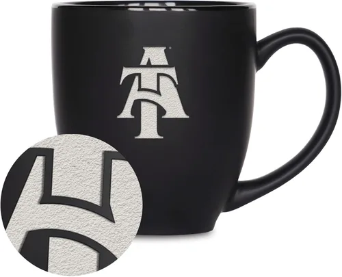 Miniatura 196 de Rico Industries - Taza de cerámica mate negra con grabado láser estándar de 15oz para NCAA (escuelas T & U) - Para bebidas calientes o frías