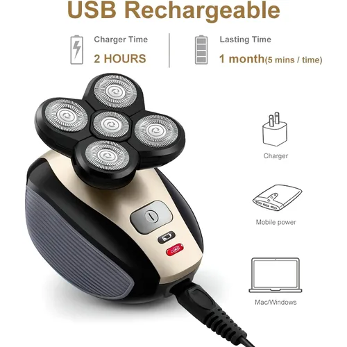 Miniatura 6 de Telfun - Afeitadoras de cabeza eléctricas 5 en 1 para hombres calvos, 100% impermeable, afeitado húmedo y seco, 5 cabezales de doble pista, captura