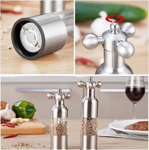 Miniatura 6 de Molinillo de sal y pimienta, grifo manual de acero inoxidable con asa, grosor ajustable recargable, para el hogar, restaurante, barbacoa, plata, M