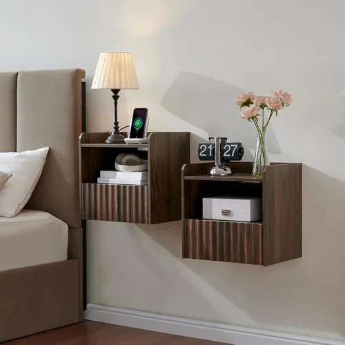 Miniatura 11 de BuildHom Moderna mesita de noche flotante acanalada montada en la pared, juego de 2 mesitas de noche con cajón de almacenamiento y estante