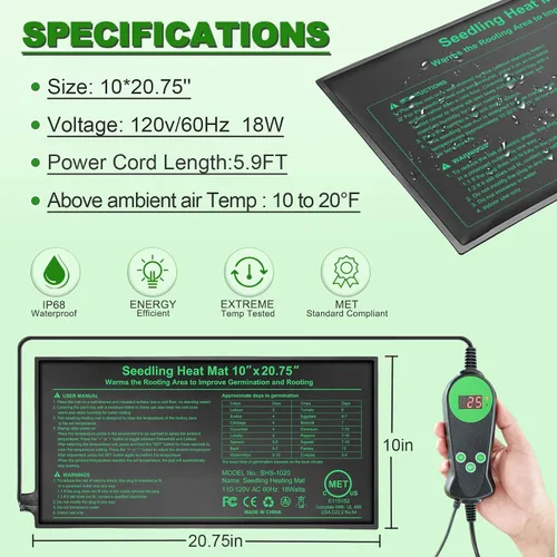 Miniatura 9 de Bestio Juego combinado de tapete térmico de plántulas con termostato, 10 x 20.75 pulgadas, certificado UL y MET, tapete de calefacción para plantas