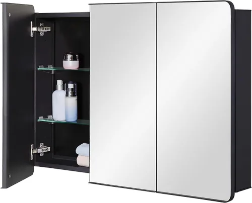 Miniatura 11 de IDYLLOR Gabinete de espejo de baño negro para medicinas con puerta con esquinas redondas y borde biselado, 15 x 25 pulgadas, montaje empotrado