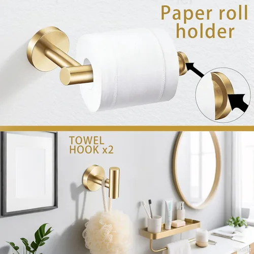 Miniatura 4 de Juego de 6 piezas de accesorios de baño de oro cepillado, anillo de toalla de mano de 16 y 23.6 pulgadas, soporte para toallas redondas, ganchos