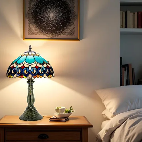 Miniatura 4 de Tiffany Lamp Stained Glass Table Lamps Blue Jewelry Baroque Style Desk Lamp 12X12X18.5 Inch Bronze Ceramic Base Reading Light Suitable for Bedside