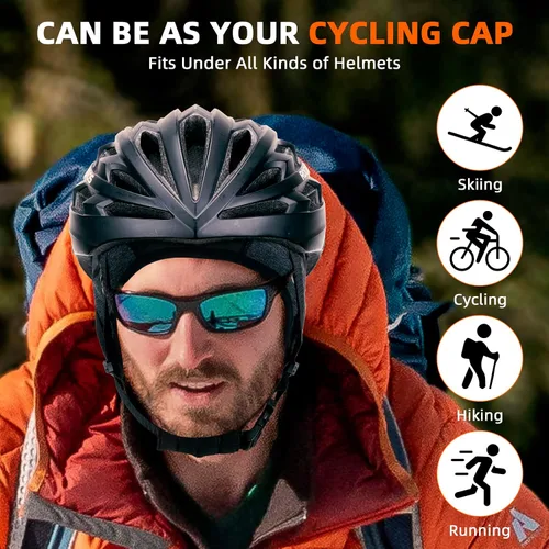 Miniatura 6 de ROCKBROS Gorras de ciclismo de invierno para hombres y mujeres, sombrero de ciclismo a prueba de viento con visera solar debajo del casco forro negro