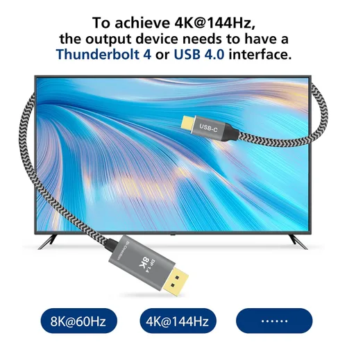 Miniatura 4 de Cable USB C a DisplayPort 1.4 bidireccional, compatible con cable trenzado de 8K a 60Hz, 4K a 240Hz