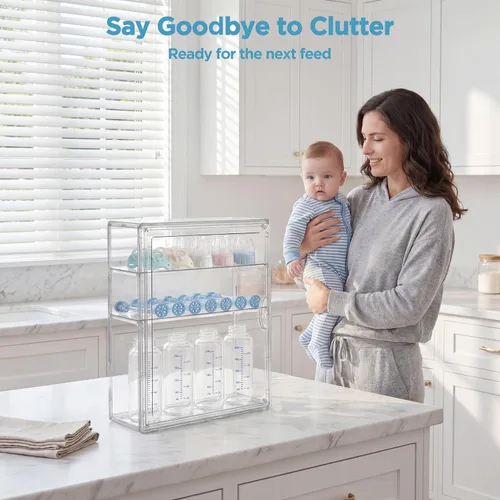 Miniatura 5 de HBlife Baby Bottle Storage Organizer for Countertop Cabinet, 3 Tiers Adjustable Clear Acrylic Bottles Storage Station Case Box Container with 2