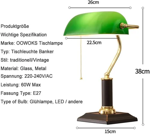 Miniatura 3 de Lámpara de mesa retro con pantalla de cristal verde ajustable, interruptor de cadena, escritorio, E27, mesita de noche para dormitorio, biblioteca