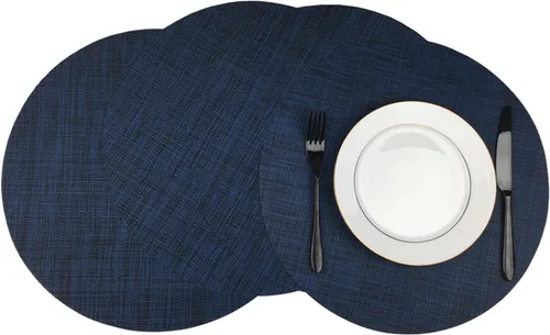 Miniatura 12 de WAZAIGUR Juego de 4 manteles individuales redondos de vinilo tejido fáciles de limpiar, resistentes al calor, manteles para mesa de cocina de 15 Azul