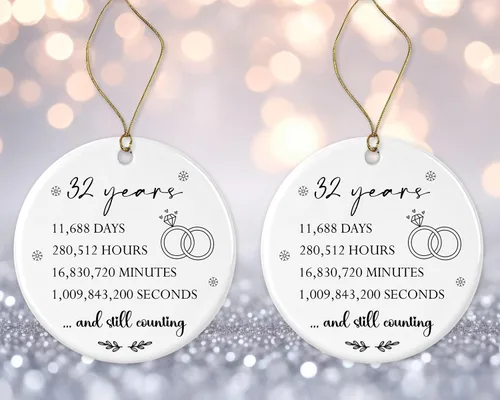 Adorno de aniversario de boda de 32 años, 32º para pareja, regalo de matrimonio 32 para padres, 32 aniversario de boda, adorno redondo de cerámica
