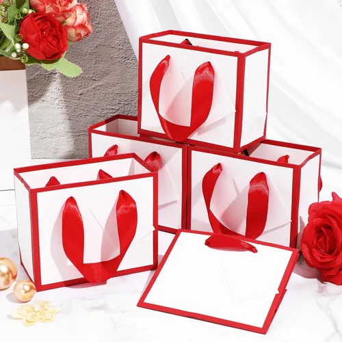 Miniatura 7 de Yeaqee 50 mini bolsas de regalo de papel metálico con asa de 4.75 x 2.25 x 4 pulgadas, pequeña bolsa de regalo para bricolaje, etiqueta de Blanco
