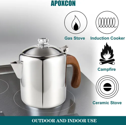 Miniatura 6 de APOXCON Cafetera de acero inoxidable con mango de madera maciza ignífuga y perilla de progreso de cerveza transparente de vidrio resistente, olla