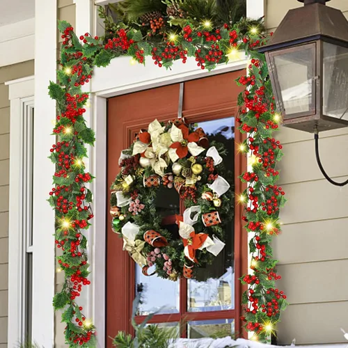 Miniatura 4 de ATDAWN - Guirnalda de Navidad de bayas rojas iluminada de 9 pies, guirnalda de Navidad operada por batería con luces, guirnalda artificial flexible