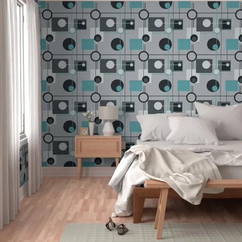 Miniatura 5 de Papel tapiz para despegar y pegar – Orbs Squares Grey Aqua Black White Vintage Blue Retro Circles Papel pintado personalizado extraíble por