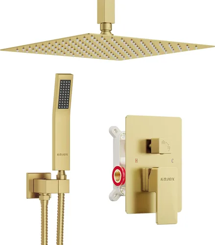 Miniatura 10 de 11" Brushed Gold Rainfall Shower System – Complete Spa Faucet Set with Filtered Handheld Sprayer & Mixer Valve – Modern High Pressure Bathroom