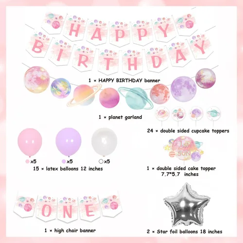 Miniatura 6 de Decoraciones de cumpleaños de primer viaje alrededor del sol, pancarta rosa para silla alta y decoración de pasteles, guirnalda de feliz cumpleaños