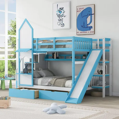 Miniatura 14 de Litera estilo castillo con tobogán, 2 cajones y 3 estantes, litera de madera individual sobre individual para niños y niñas, no necesita somier