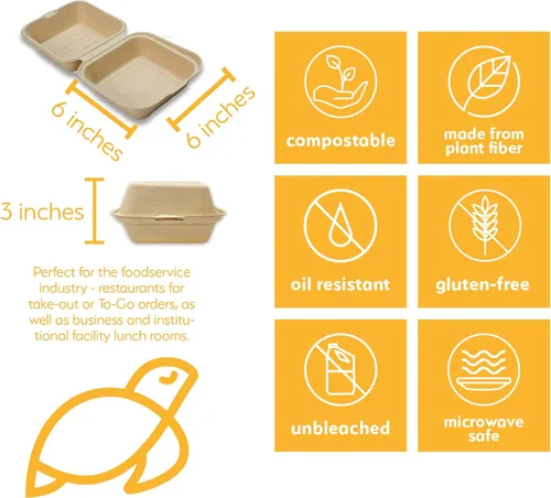 Miniatura 2 de Recipientes desechables 100% compostables con tapas [6 x 6 pulgadas paquete de 50 unidades] Recipientes ecológicos para llevar, resistentes