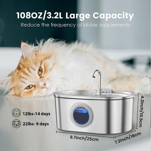 Miniatura 5 de Fuente de agua para gatos de acero inoxidable, dispensador automático de agua para mascotas de 108 oz/3.2 L con ventana de nivel de agua, bomba