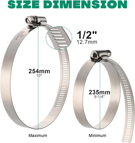 Miniatura 2 de OURU Abrazaderas de manguera grandes, paquete de 10 abrazaderas de manguera de acero inoxidable de 10 pulgadas ajustables de 9-1/4 a 10