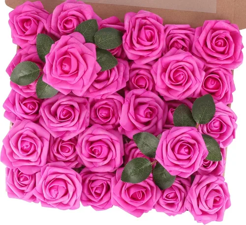 Miniatura 11 de MACTING 30 Rosas Artificiales Blancas Flores Falsas con Tallo Rosas de Espuma de Tacto Real para DIY Arreglos de Ramo de Boda Centros de Mesa White-1