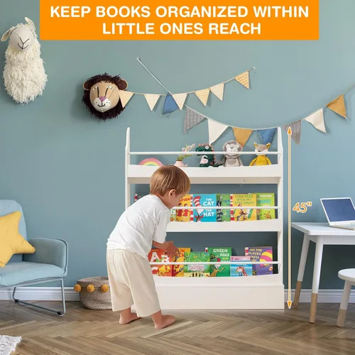 Miniatura 6 de Costzon Estantería para niños montada en la pared, estante organizador de madera de 3 niveles para libros y juguetes, estantería para niños pequeños
