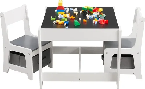 Miniatura 2 de GTOLV Juego de mesa y silla para niños, mesa de actividades de madera 3 en 1 con cajón de almacenamiento para niños pequeños, dibujo, lectura, Gris