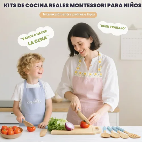 Miniatura 6 de Juego de Cocina de Madera para Niños de 29 Piezas, Herramientas de Cocina y Hornear Montessori para Niños Pequeños para Cocina Real, 3 Cuchillos