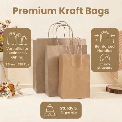 Miniatura 4 de PAICUIKE 130 bolsas de papel marrón con asas, bolsas de regalo marrones a granel, varios tamaños para fiestas, venta al por menor y uso comercial