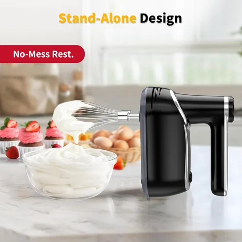 Miniatura 6 de binROC Batidora de mano eléctrica inalámbrica, mezcladora de mano recargable de 12 velocidades con botón de expulsión, 6 accesorios de acero Negro
