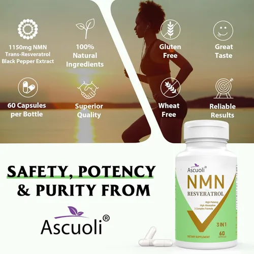Miniatura 4 de 99% Ultra Pureza NMN 500 mg + Trans-Resveratrol 600 mg, 1150 mg NMN Resveratrol Suplemento, Fórmula Avanzada 3 en 1 para Boost* NAD, Célula, Inmune