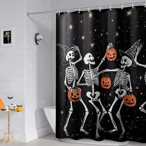 Miniatura 7 de Cortina de ducha de Halloween: fantasmas bailarines espeluznantes con calabazas, juego de cortina de ducha de Halloween con ganchos, decoración