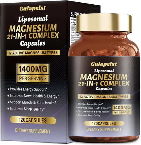 Complejo de magnesio liposomal 21 en 1 de 1400 mg (citrato, glicinato, malato, etc.) en cápsulas - 12 tipos activos de magnesio con vitamina D3, B6,
