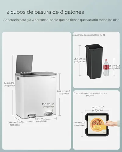 Miniatura 5 de SONGMICS Bote de basura, 2 botes de basura de 8 galones (2 x 30 L) para cocina, con 15 bolsas de basura, 2 compartimentos, cubos interiores