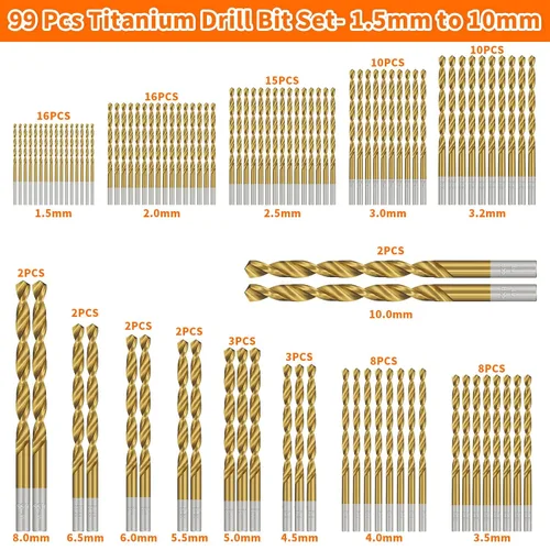 Miniatura 2 de ENERTWIST Juego de brocas con revestimiento de titanio, 99 brocas de acero HSS de alta velocidad para metal, madera, plástico, aleación de aluminio