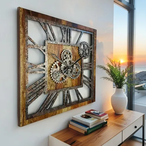 Miniatura 4 de ImprovingLife The Gears Clock - Reloj de pared cuadrado con engranaje móvil real de 24 pulgadas, estilo vintage, industrial, de gran tamaño, casa