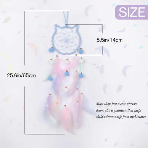 Miniatura 2 de Pretty Jolly - Atrapasueños azul de gato para niños, decoración de pared con pompones y plumas, atrapasueños hecho a mano para niños, decoración