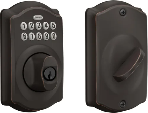 Schlage - Cerrojo de seguridad Camelot BE365 V CAM 716 con teclado, cerradura de entrada electrónica sin llave, bronce envejecido