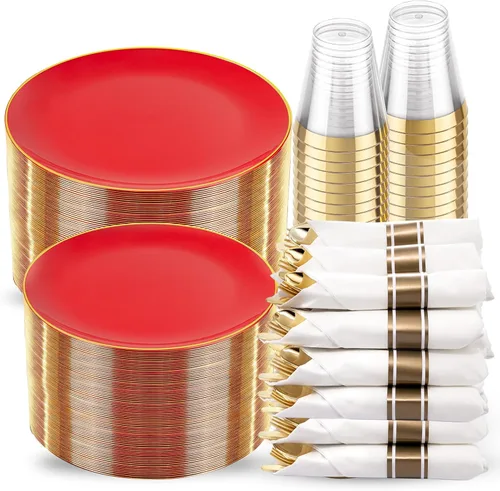 Miniatura 12 de KIRE - 30 platos de plástico azul con borde dorado y cubiertos desechables, vasos azules y servilletas de mano, vajilla de plástico azul Rosa claro