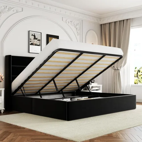 Miniatura 17 de Allewie Cama de Almacenamiento Elevable Tamaño Completo, Cabecero Capitonado con Botones con Respaldo de Ala, Soporte Hidráulico, No Necesita Gris