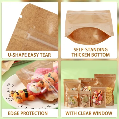 Miniatura 2 de Paquete de 150 bolsas de papel kraft con ventana de 8x12, bolsas de Mylar grandes con cierre y base para almacenamiento de alimentos, bolsa