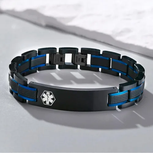 Miniatura 5 de Free Custom Engraving Medical ID Bracelet 2-tone Blue Black Titanium Steel Heavy Masculine Elaborate Men's Medical Alert Bracelet Wristband Jewelry