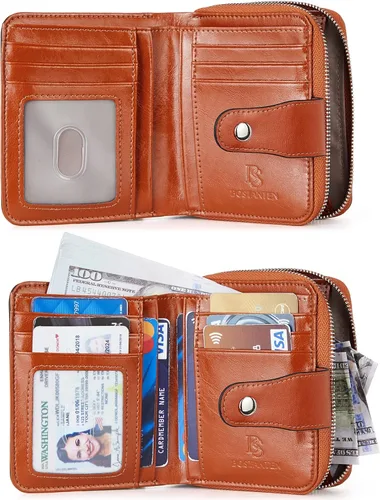 Miniatura 5 de BOSTANTEN - Billeteras de piel para mujer, con bloqueo RFID, con cremallera y bolsillo, billetera pequeña de dos cuerpos, con tarjetero