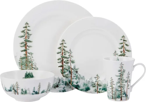 Miniatura 2 de Mikasa Watercolor Forest Bone China - Juego de vajilla ligera de 16 piezas resistente a las astillas, servicio para 4, color blanco