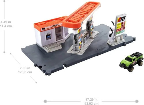 Miniatura 3 de Matchbox Juego de Coches de Juguete, Estación de Combustible con Conductores de Acción y Camión de Juguete a Escala 1:64, Mangueras de Gas Movibles