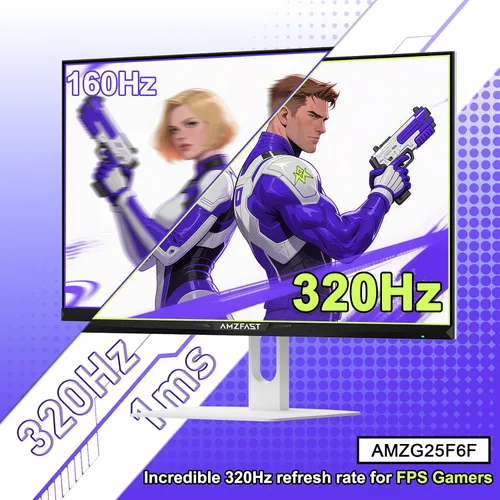 Miniatura 3 de Amzfast Monitor de juegos blanco de 25 pulgadas 320Hz/300Hz/240Hz, FHD 1080P 1ms Monitor IPS rápido, 12 meses de garantía de intercambio (cable DP)