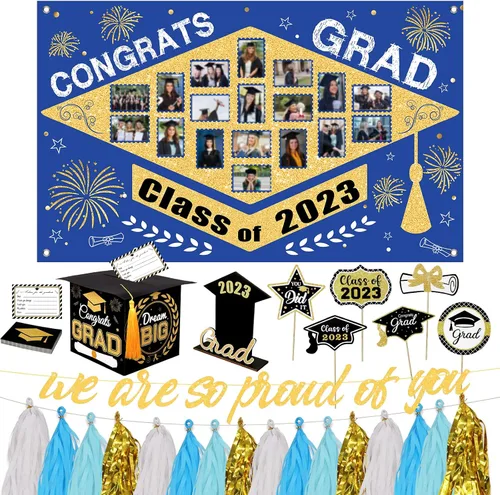 Decoraciones para fiestas de graduación 2023, juego de 60 piezas: telón de fondo grande para foto, caja de tarjetas de graduación, palos de centro