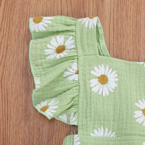 Miniatura 5 de Bebé Niñas Impresión Margarita Algodón Lino Volantes Sin Mangas Mameluco Mono Mono con Headaband Ropa Infantil Verano