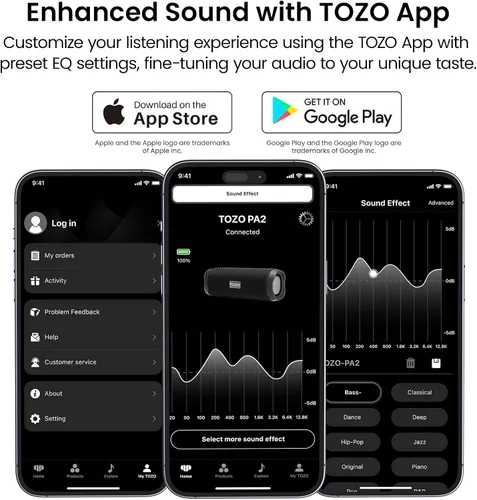 Miniatura 7 de TOZO Altavoz Bluetooth PA2 con controladores duales y diafragmas de graves duales, sonido estéreo fuerte de graves profundos, tiempo de reproducción