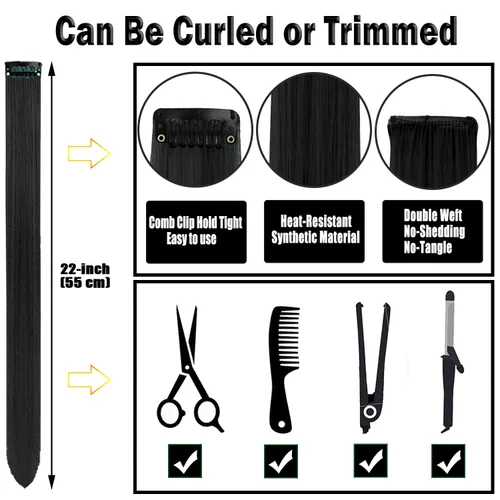 Miniatura 4 de 12 extensiones de cabello negro con clip, extensiones de cabello de color de 22 pulgadas, extensiones de cabello sintético largo y lacio para mujer
